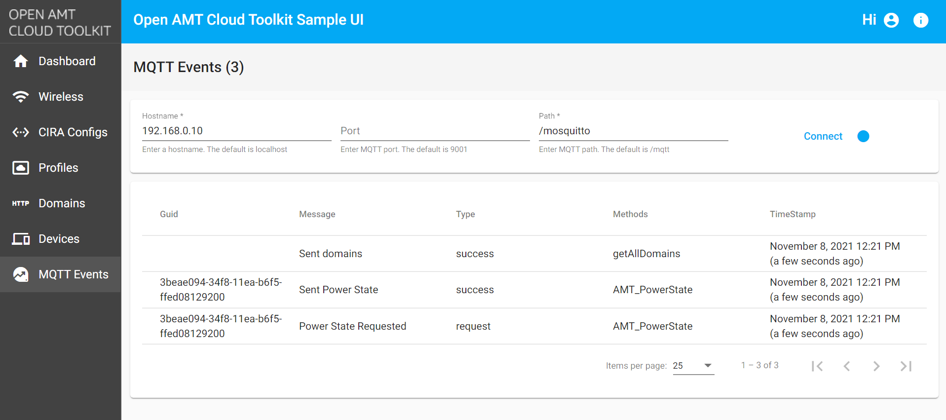 Viewing MQTT Events - Open Active Management Technology Cloud Toolkit